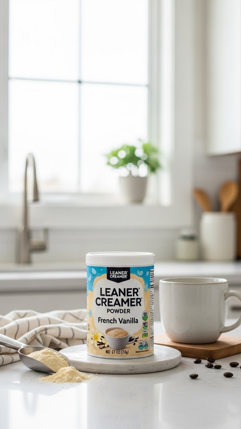 Leaner Creamer French Vanilla powder container with scoop and coffee beans on light ceramic surface