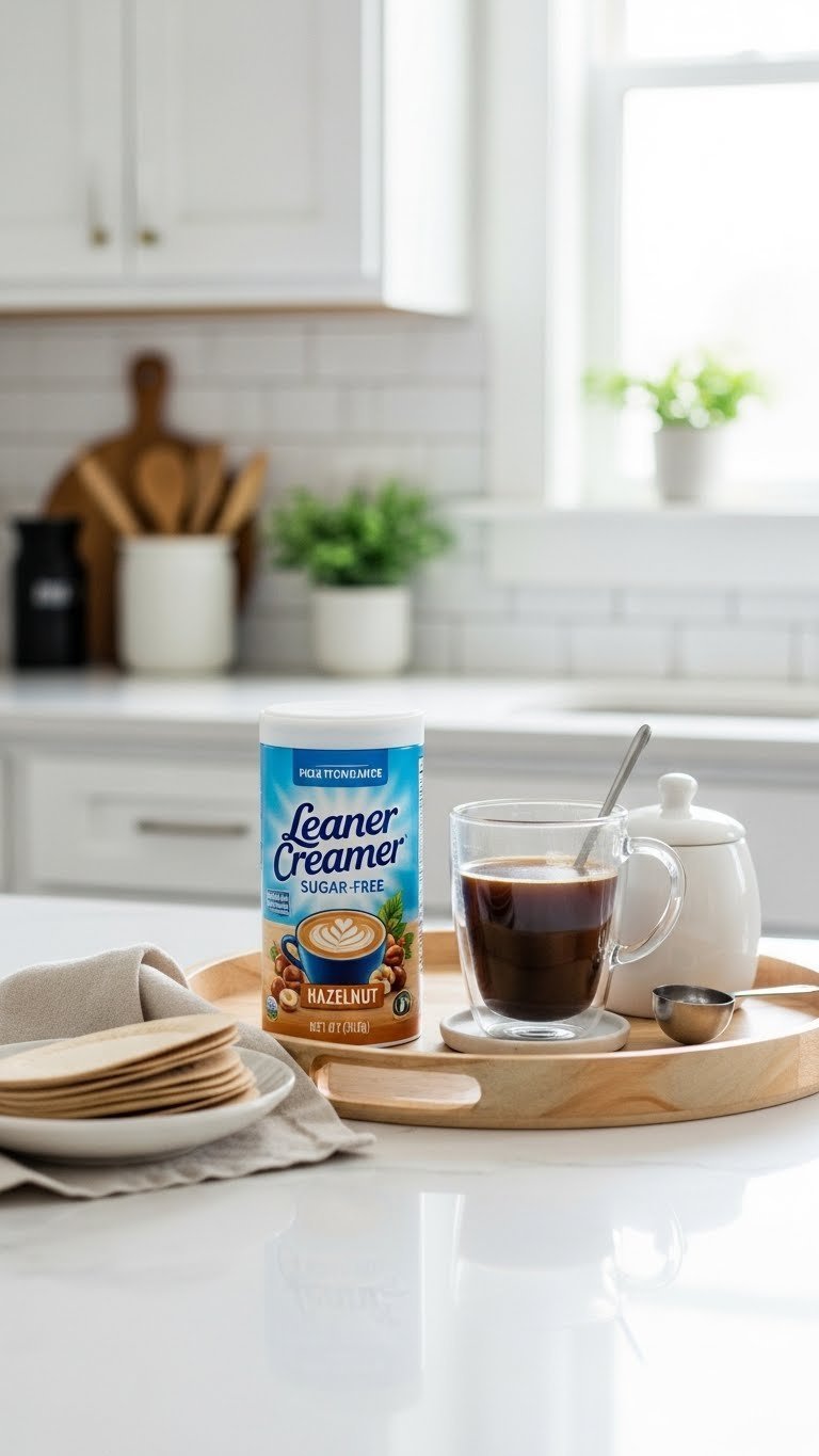 Leaner Creamer Sugar-Free Hazelnut product container featured next to stylish coffee setup with ceramic mug