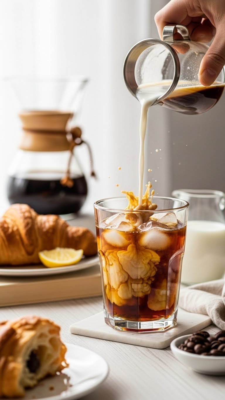 Leftover brewed coffee iced drink with milk splash in glass on breakfast table setting