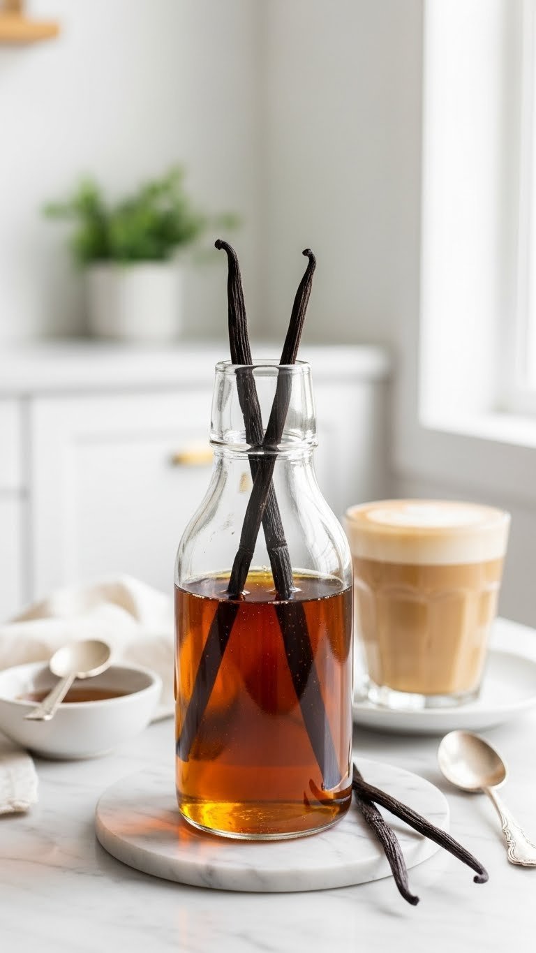Light amber honey vanilla coffee syrup in glass bottle with vanilla beans on marble countertop