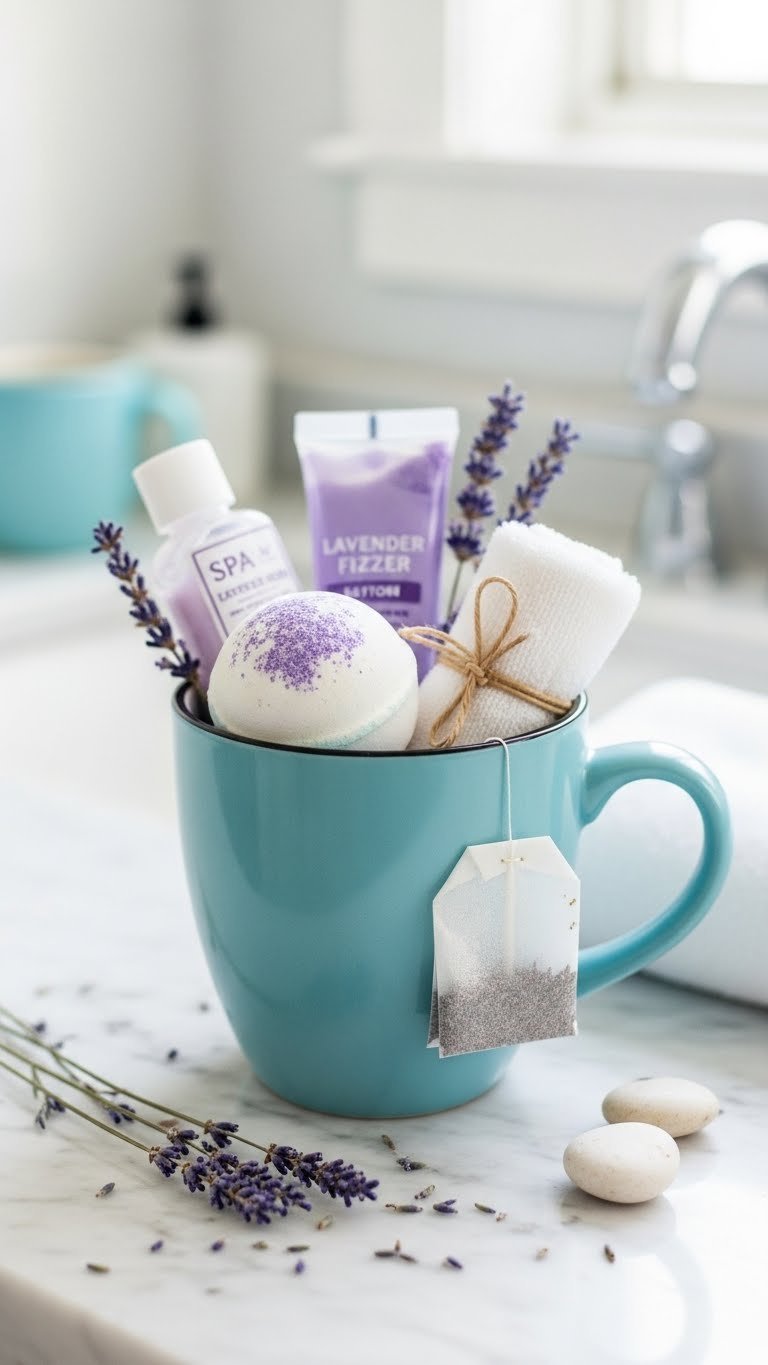 Light blue ceramic spa mug with bath bomb, lavender lotion, washcloth, and tea bag relaxation gift