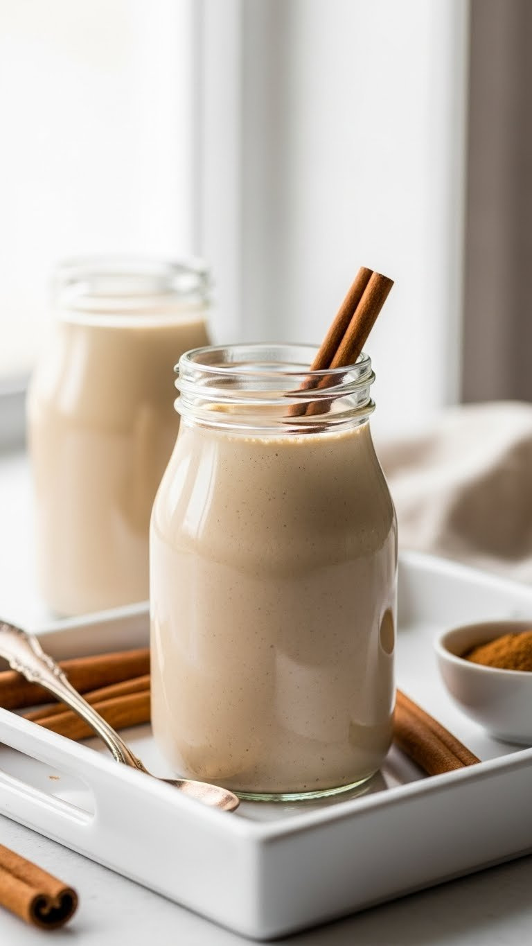 Light brown cinnamon keto creamer in clear glass bottle with whole cinnamon stick on white tray