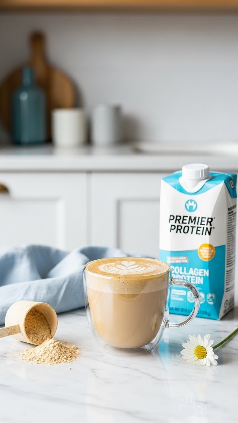 Light creamy collagen protein coffee in clear glass mug with smooth texture and healthy nourishing appearance