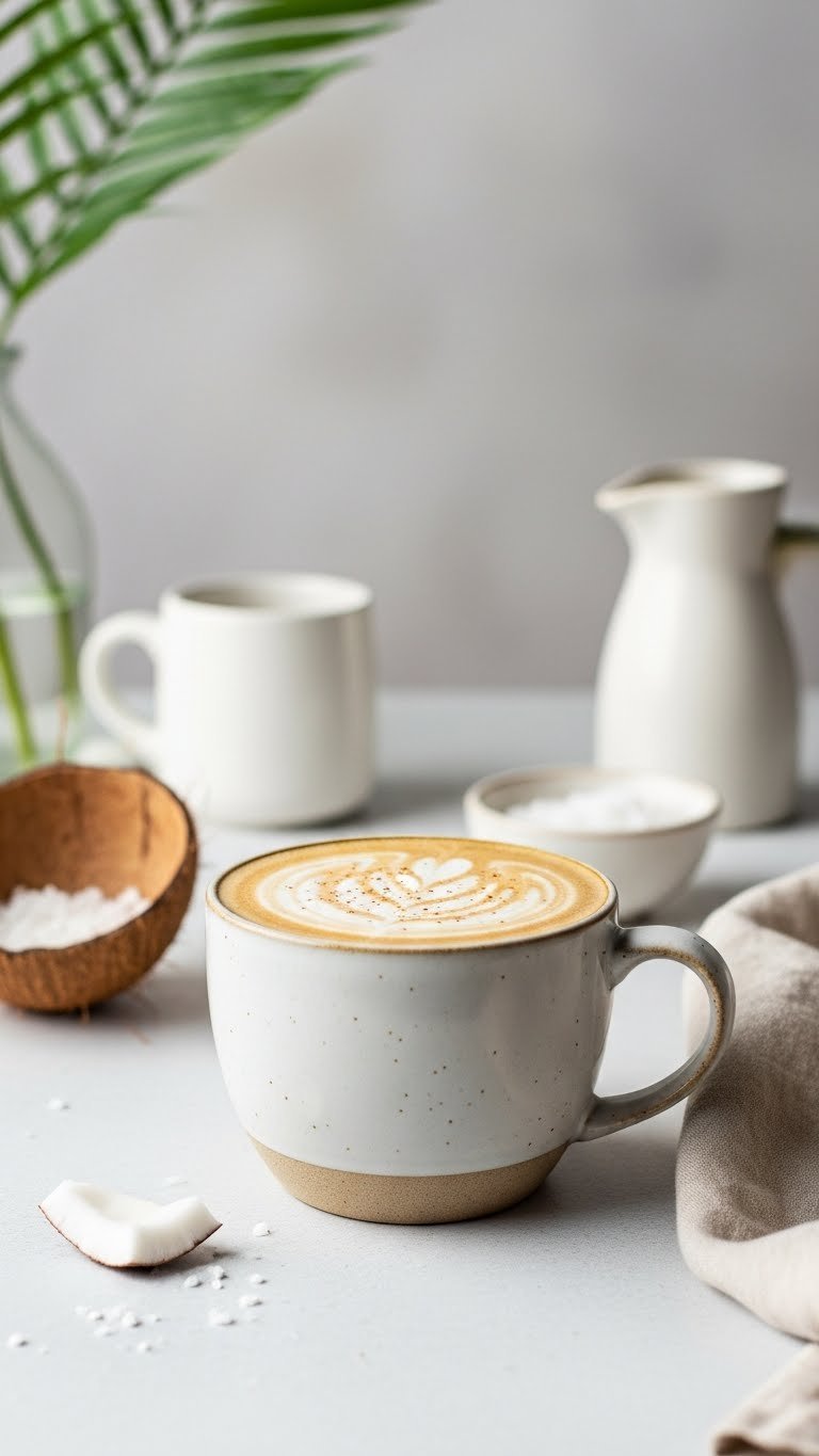 Make Keto Protein Coffee: 7 Delicious, Easy Recipes for Energy 9 Light dairy-free coconut cream keto protein coffee with delicate foam in a modern mug on a minimalist table, tropical feel.