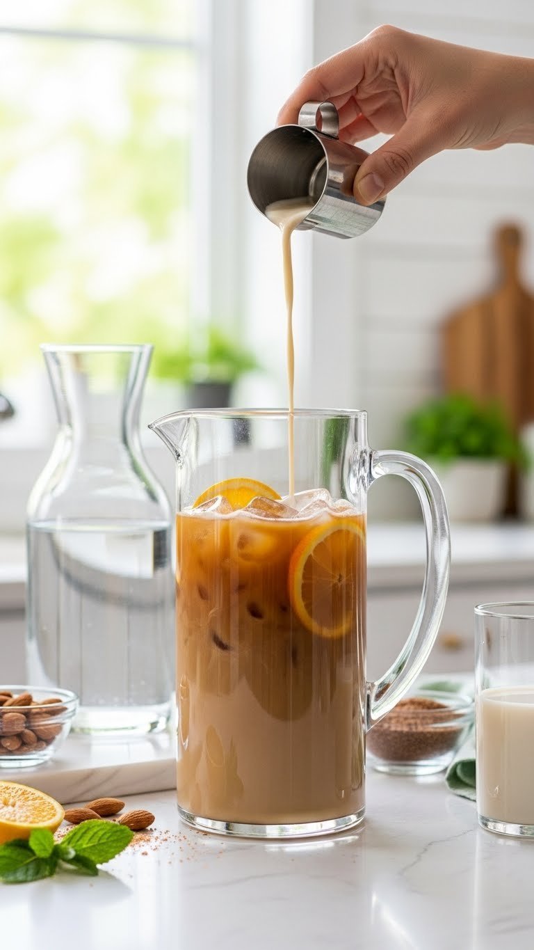 Light iced coffee with almond milk splash and fresh fruit slices in bright kitchen setting