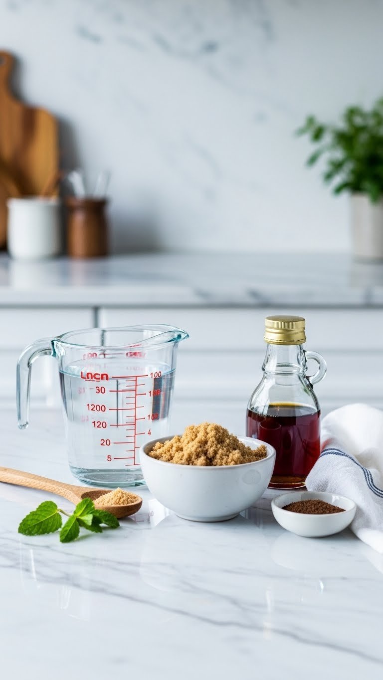 Liquid ingredients for pumpkin coffee syrup with water, brown sugar and maple syrup on clean marble countertop with wooden spoon and mint.