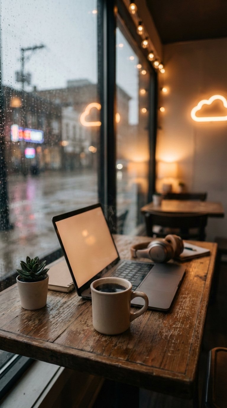 Lofi coffee shop scene with steaming black coffee on vintage wooden table featuring subtle neon lighting and cozy ambiance