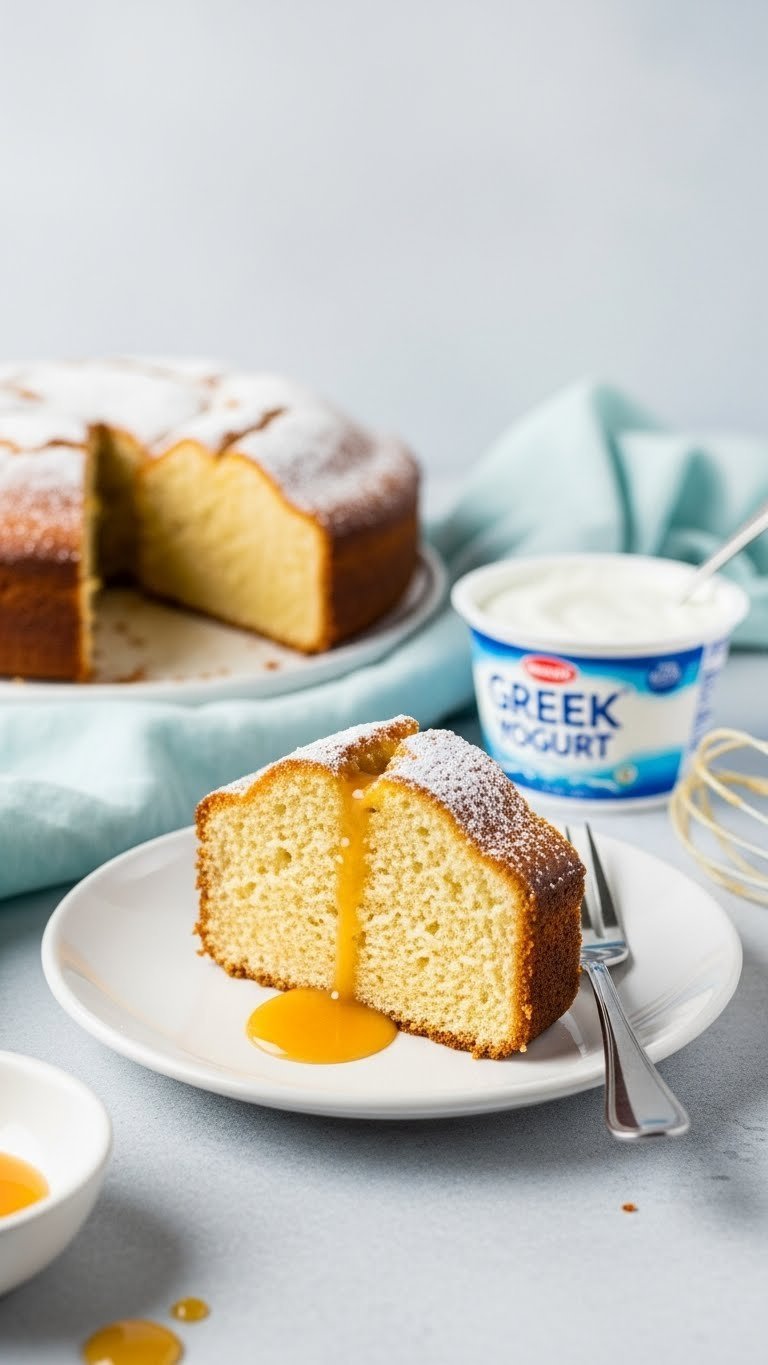 Low-calorie Greek yogurt protein coffee cake slice with light crumb, powdered sugar, on a plate. Healthy dessert.