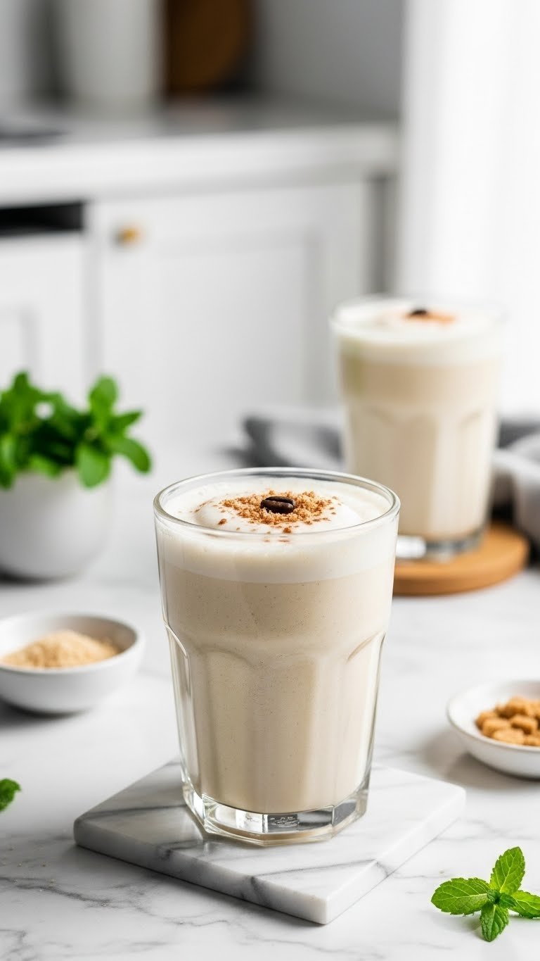 Low-carb keto protein coffee frappe with froth and coffee bean on a marble countertop, reflecting clean eating.