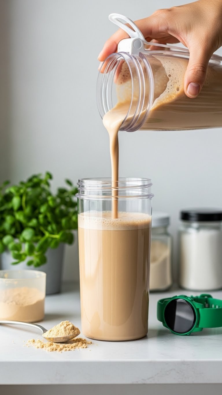 Peanut Butter Protein Coffee: Your Easy 5-Minute Recipe 9 Low-fat protein coffee shake mixing in a clear shaker bottle, with peanut butter powder and a sports watch. Vibrant, energetic fitness drink.