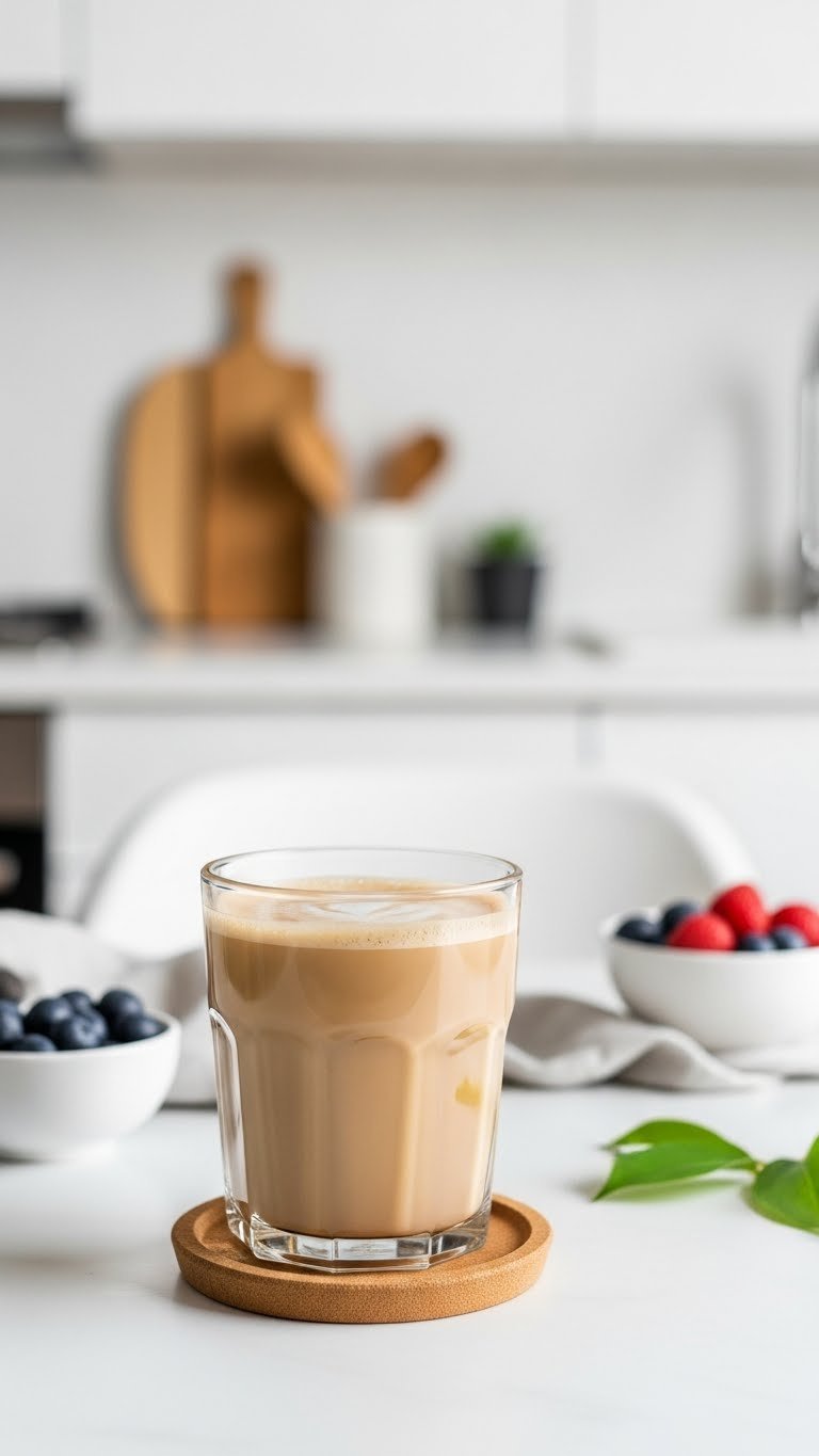 Low-sugar vanilla protein coffee in a minimalist mug with berries on a wooden coaster for healthy living.