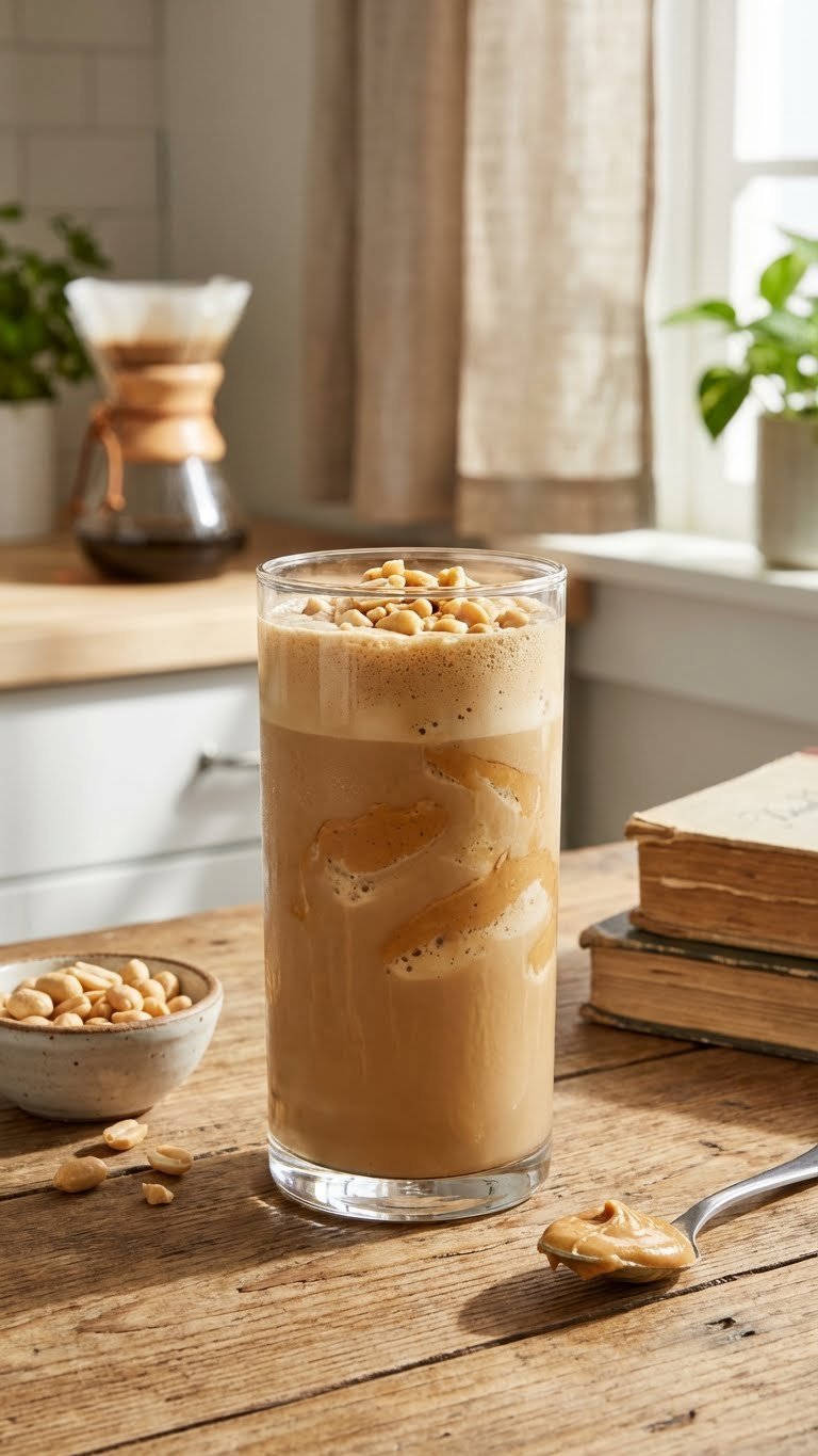 Cold Brew Protein Coffee: 7 Delicious Recipes for Energy 5 Luscious peanut butter power protein cold brew coffee with a visible swirl and chopped peanuts on a rustic wooden table.