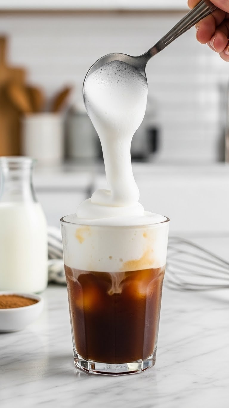 Luscious white cold foam cascading onto dark iced coffee in clear glass on marble countertop with whisk nearby