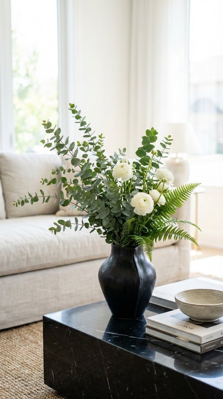 Lush floral arrangement in ceramic vase creating vibrant focal point on sleek black coffee table with natural lighting