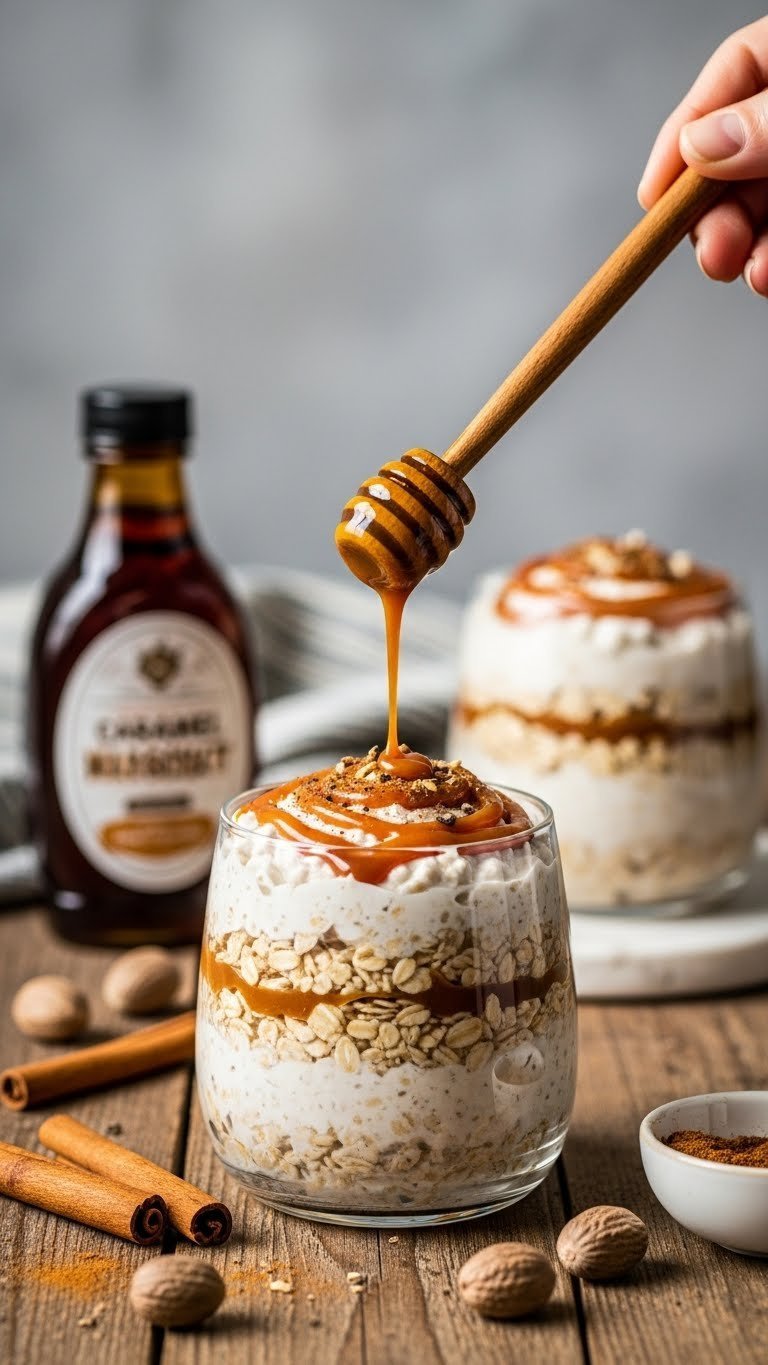 Luxurious Gourmet Spiced Caramel Macchiato Protein Overnight Oats with low sugar caramel swirl, nutmeg & cinnamon.