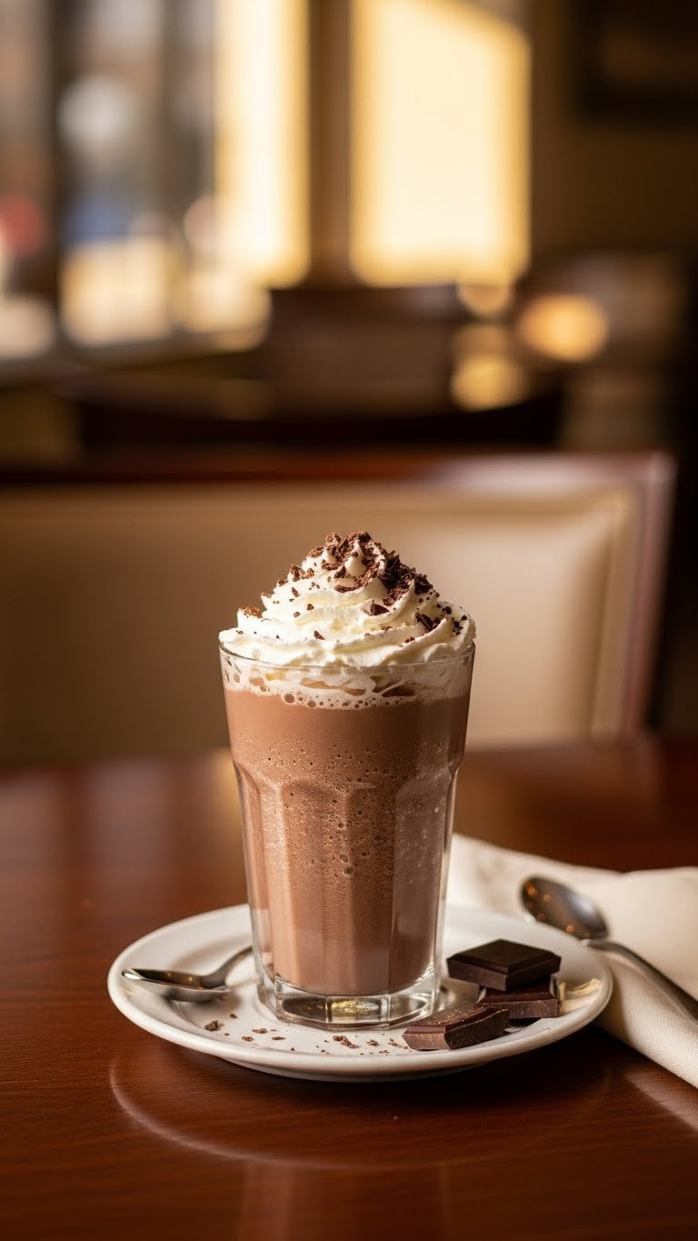 Luxurious chocolate mocha frozen coffee with whipped cream and chocolate shavings on dark polished wood table in sophisticated cafe