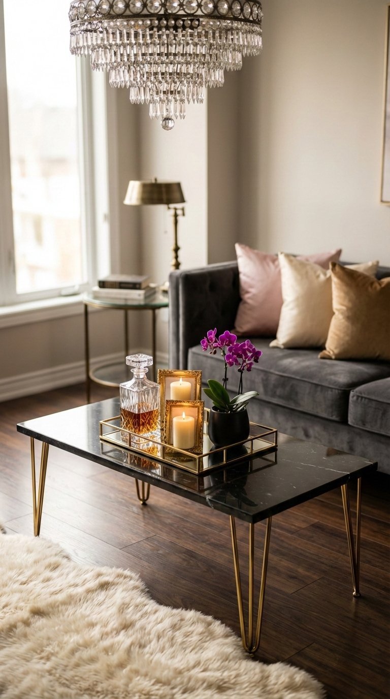 Luxurious glamorous living room showcasing black marble coffee table with brass legs and crystal decanter