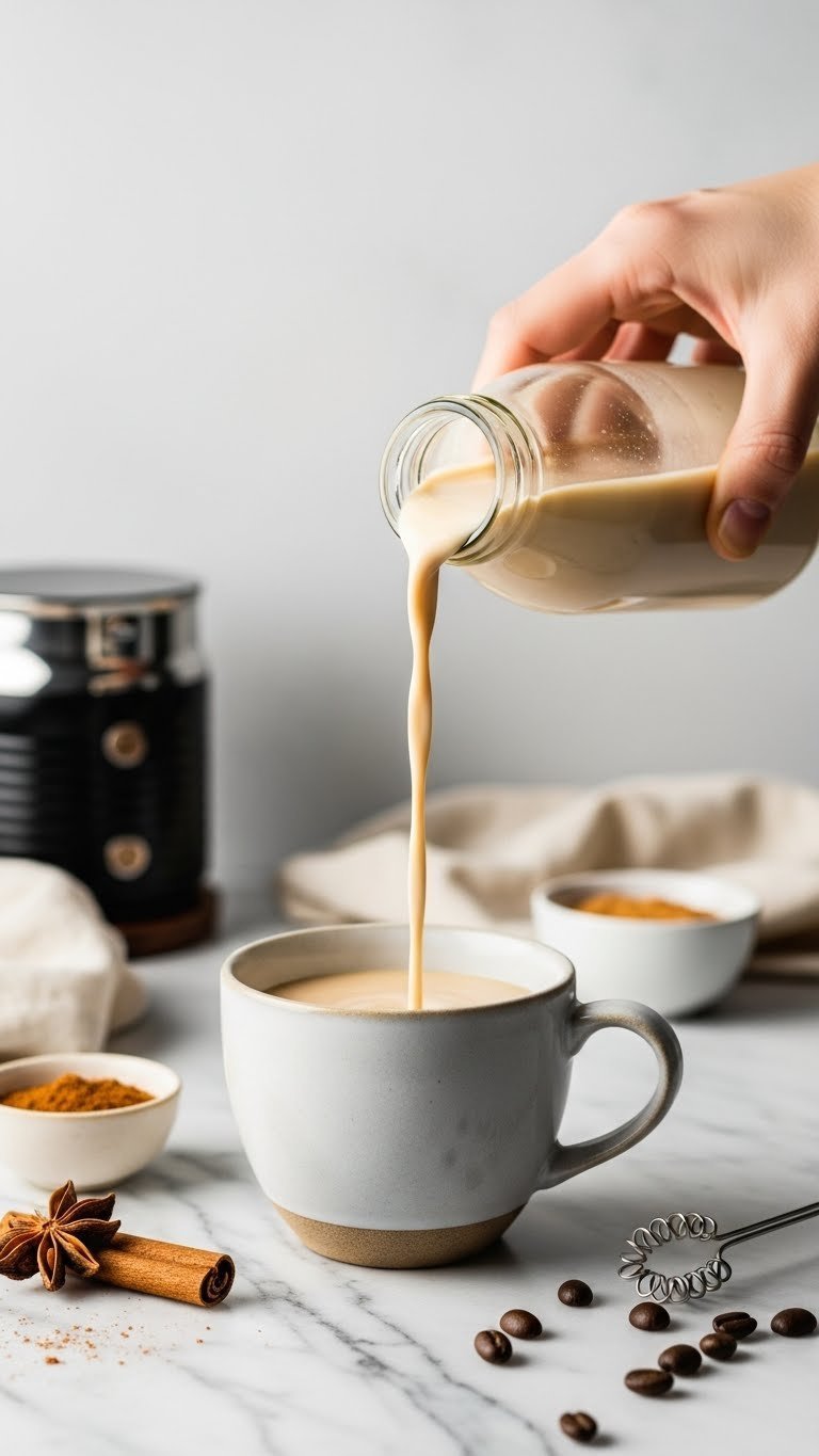 Luxurious keto gingerbread creamer being poured from glass bottle into ceramic coffee cup on marble countertop