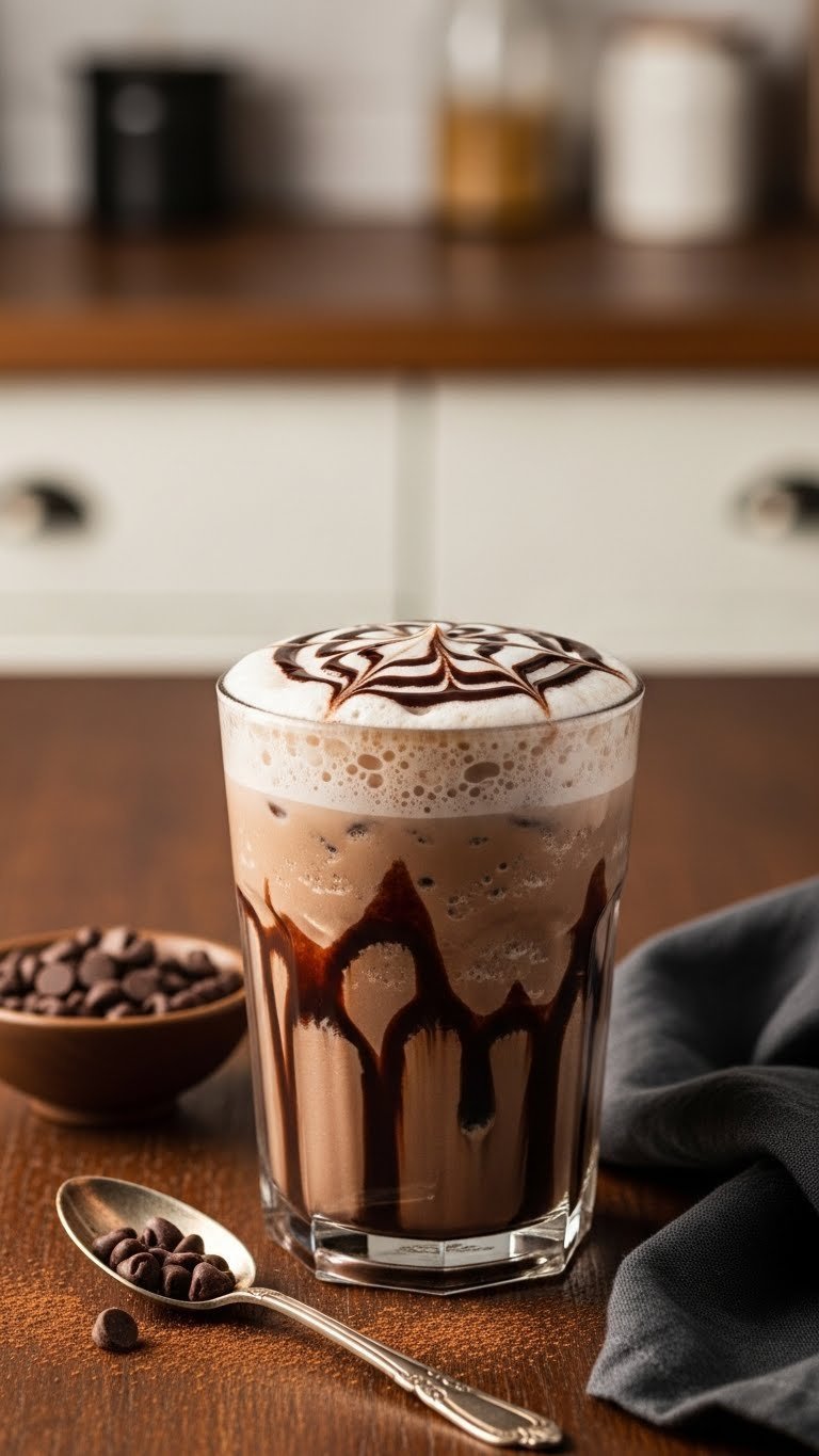 Luxurious mocha dream iced coffee with chocolate syrup swirls and cocoa powder on dark wooden surface.