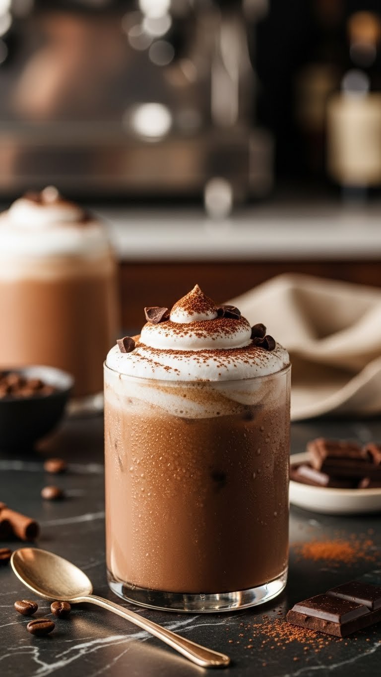 Luxurious mocha protein iced coffee topped with dairy-free whipped cream and cocoa powder on dark marble countertop