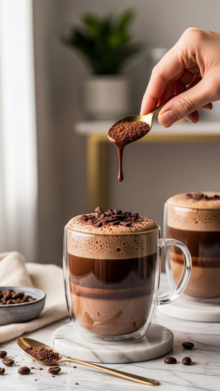Vegan Protein Coffee: 7 Easy Recipes for a Smooth Start 3 Luxurious mocha vegan protein coffee, layered with chocolate and frothy plant-based milk foam, cocoa, and chocolate shavings.