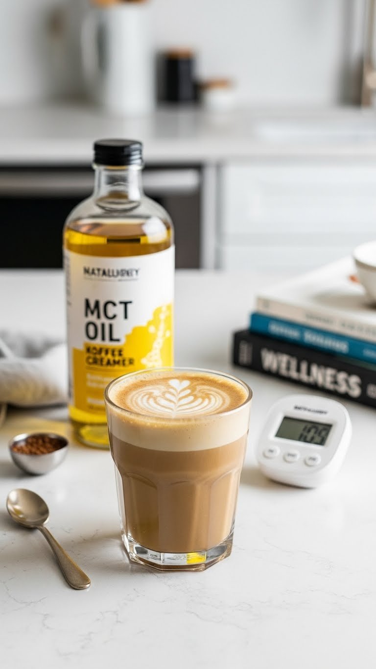 MCT oil keto coffee creamer creating frothy bulletproof coffee with sleek modern background