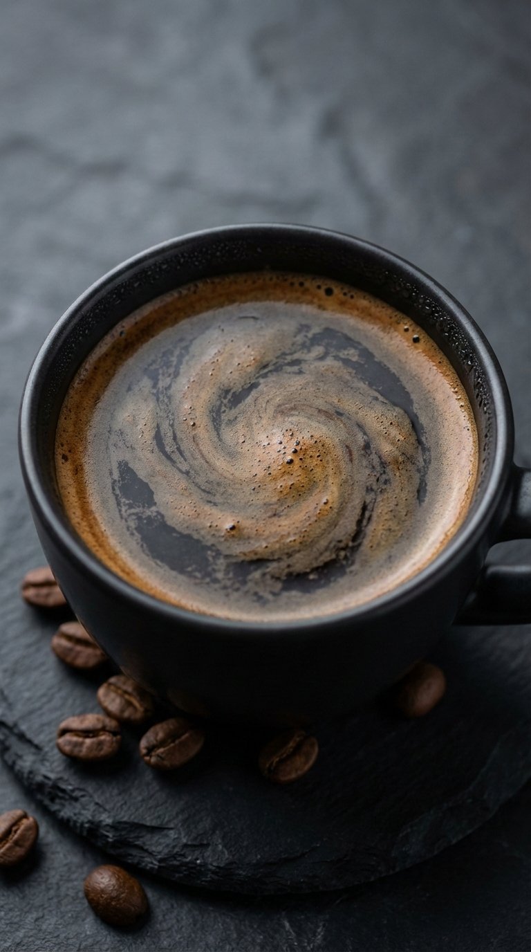 Macro close-up of black coffee surface texture with crema detail on dark matte coaster in serene lighting