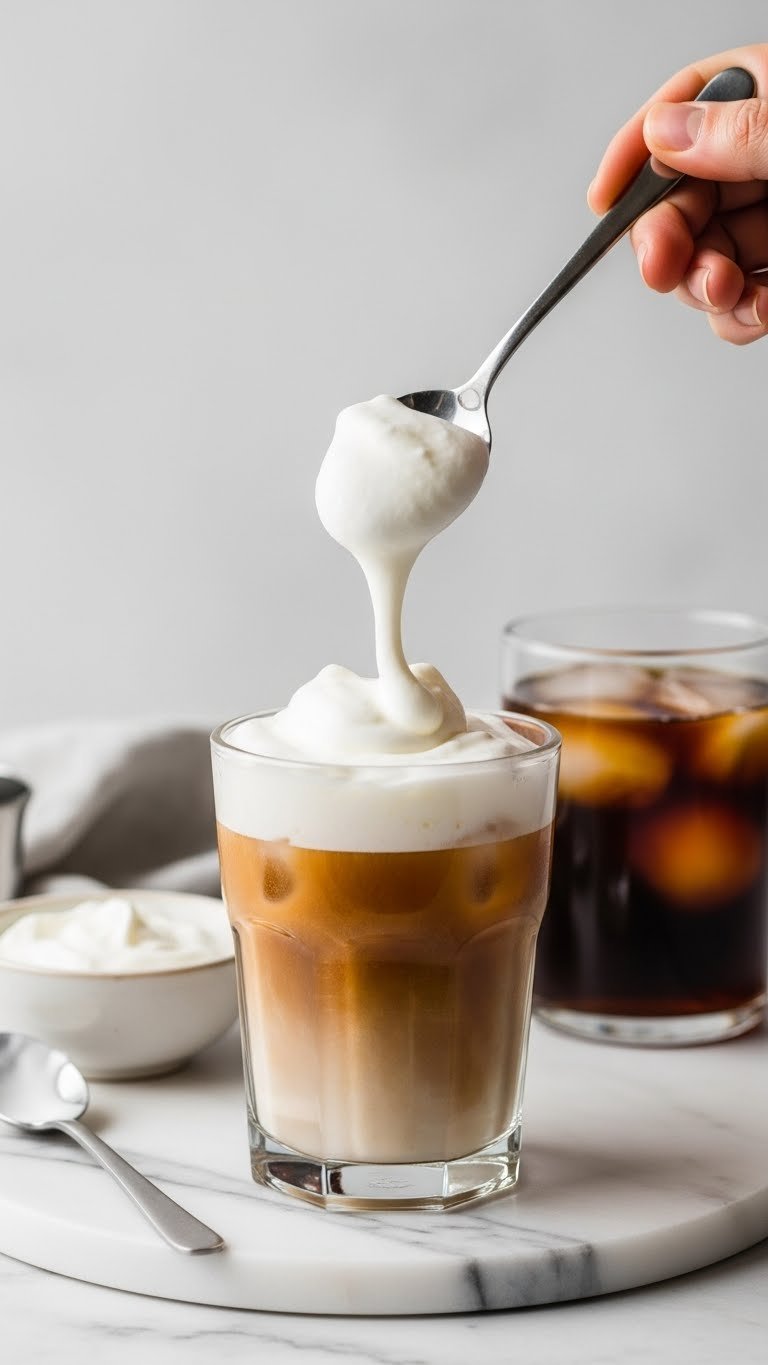 Protein Coffee Cold Foam: 7 Easy Homemade Recipes 13 Macro close-up of spoon scooping dense Greek yogurt protein cold foam from iced coffee glass on smooth marble surface.