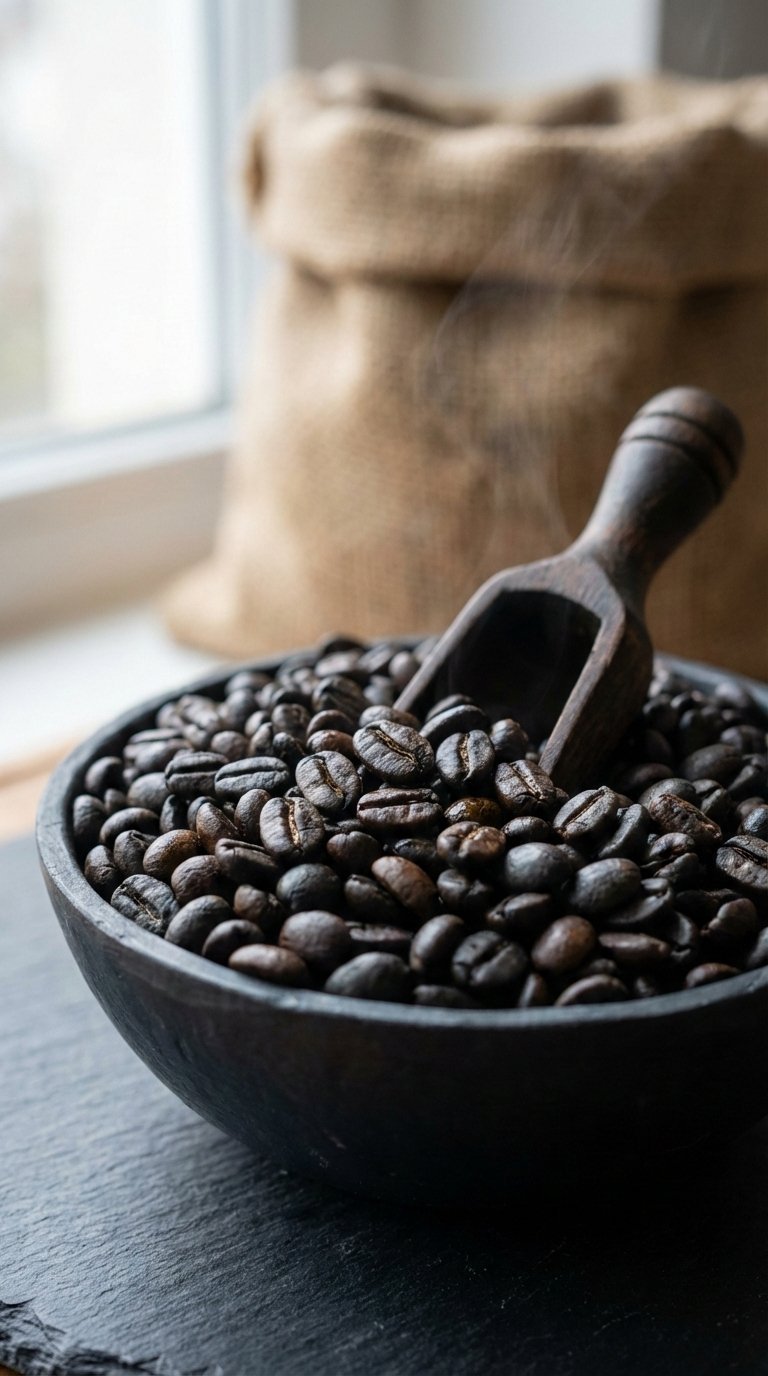 Macro close-up of ultra-dark roast coffee beans glistening with natural oils on slate surface