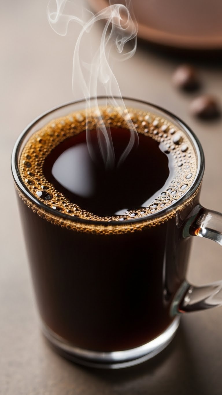 Macro detail shot of black coffee surface showing textures and bubbles on neutral background