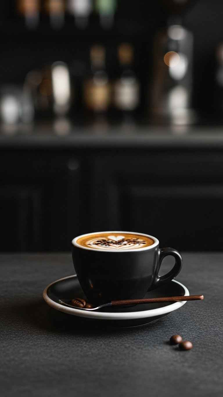 Macro detail shot of rich black espresso with perfect crema in elegant demitasse cup on dark stone surface