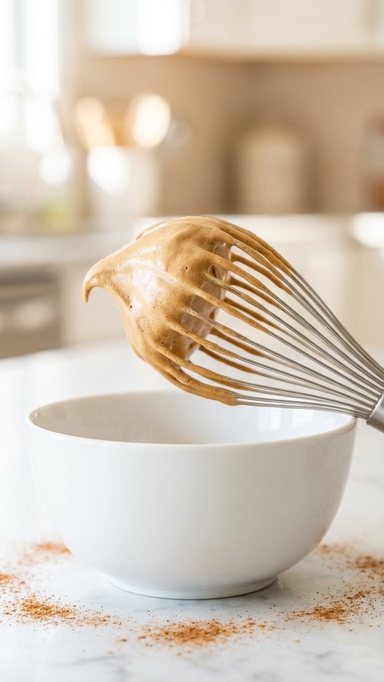 Pumpkin Whipped Coffee Recipe Easy Creamy Dalgona Style 3 Macro shot of hand mixer whisk covered in thick pumpkin whipped coffee foam against marble countertop