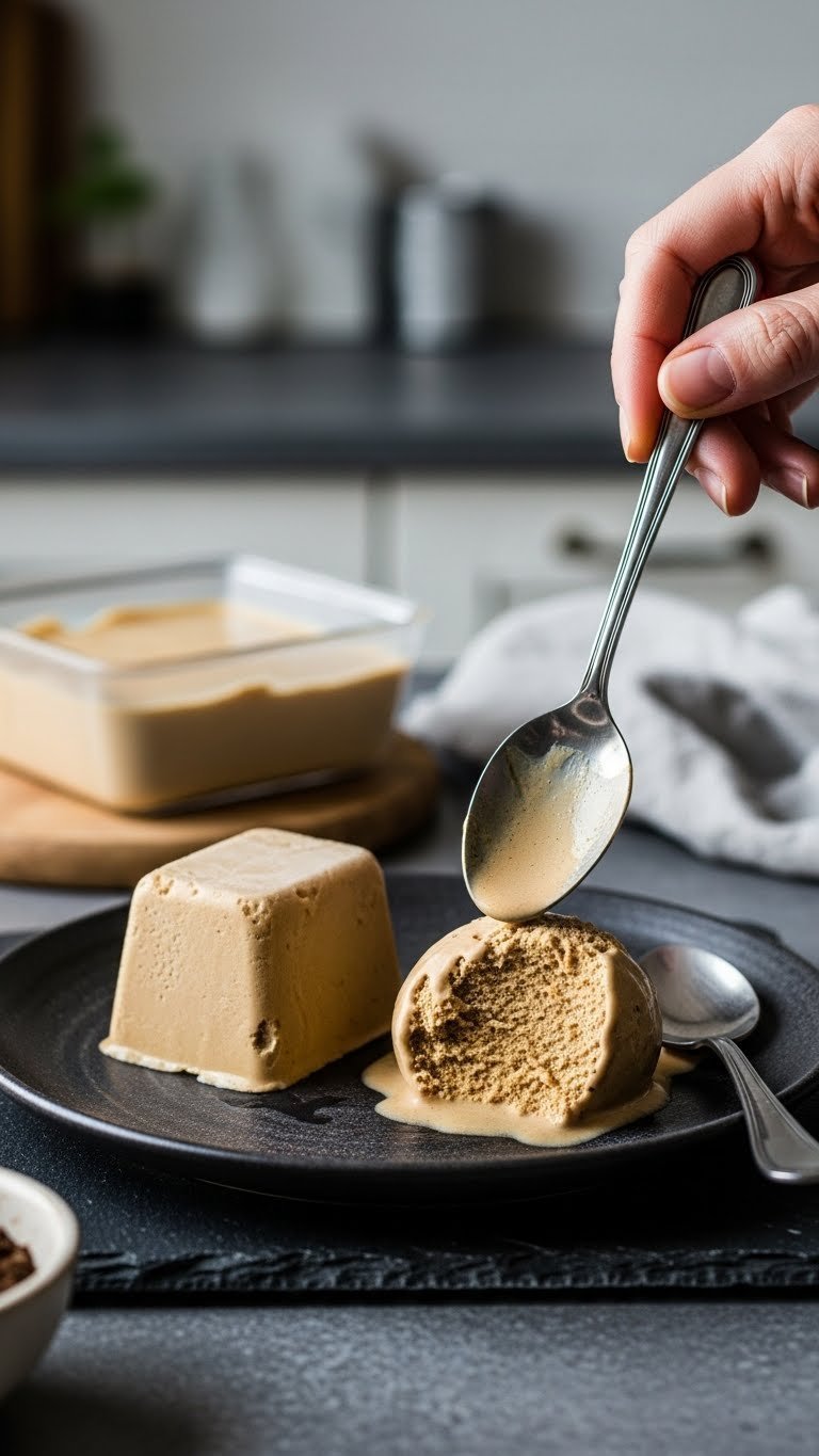 Macro shot of icy coffee ice cream with visible crystals contrasted with melted scoop on dark slate surface