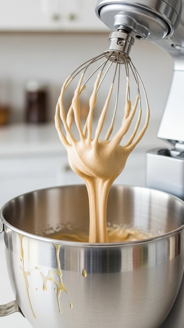 Essential Whipped Honey Coffee: Thick & Fluffy Foam 5 Macro shot of stand mixer whisk attachment beating golden-brown coffee and honey mixture into light, airy foam