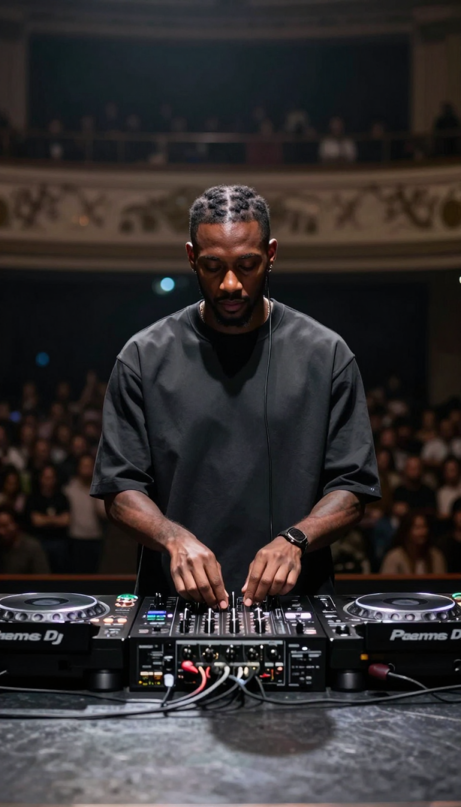 Male DJ focusing intently on professional equipment with dramatic side lighting on dark stage