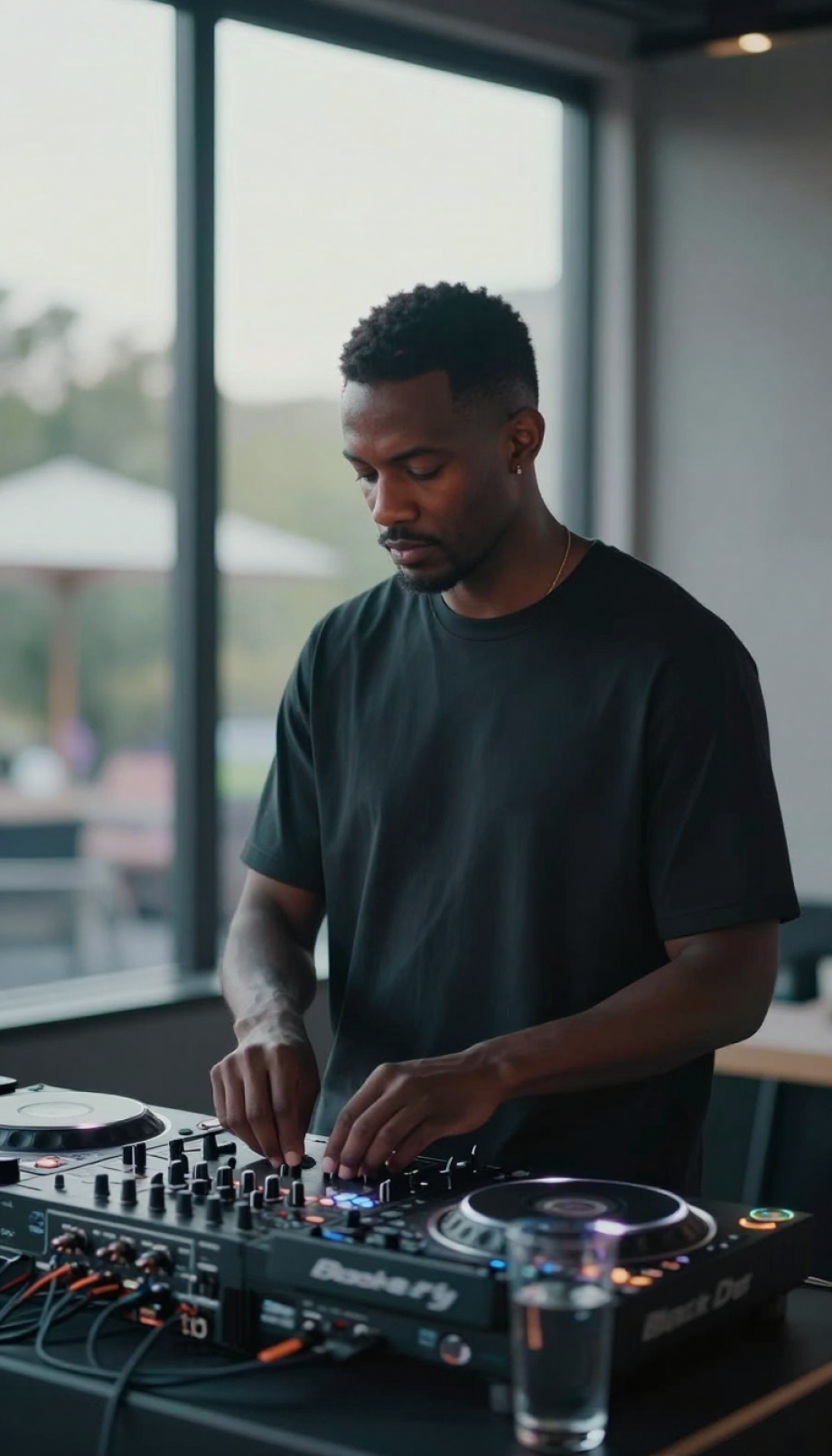 Male DJ in meditative pose behind minimalist setup with soft ethereal stage lighting