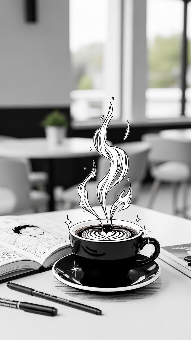 Manga anime style black coffee drawing with exaggerated steam effects on modern desk
