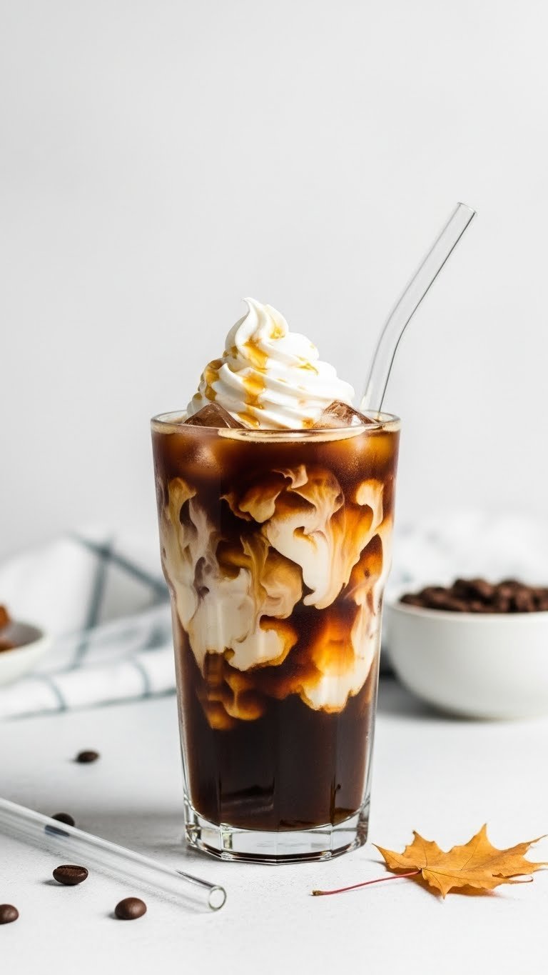 Rich Maple Syrup Coffee: 7 Recipes for Cafe Taste 9 Maple sweet cream cold brew in tall glass with dark coffee layer and swirling cream marbling effect