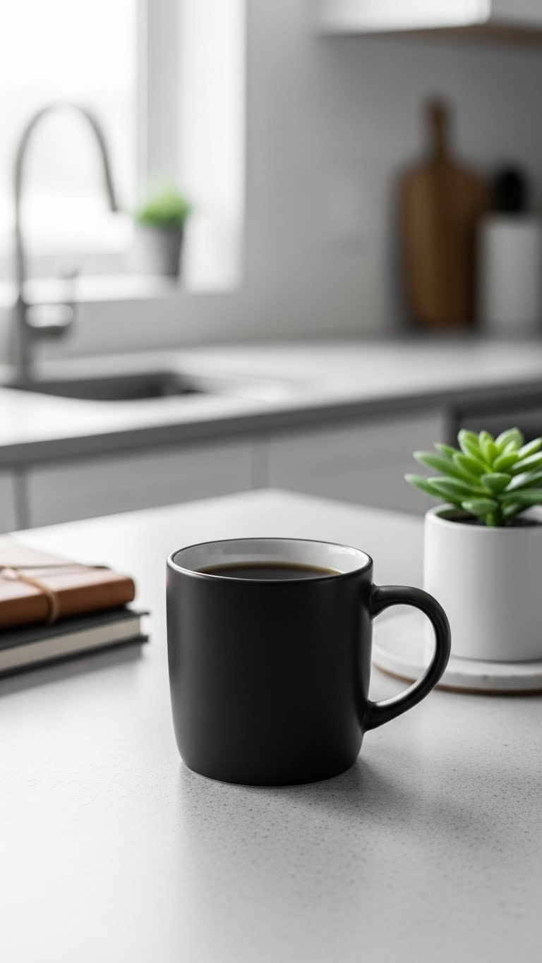 Matte black ceramic coffee mug filled with dark coffee on light concrete countertop with soft natural lighting