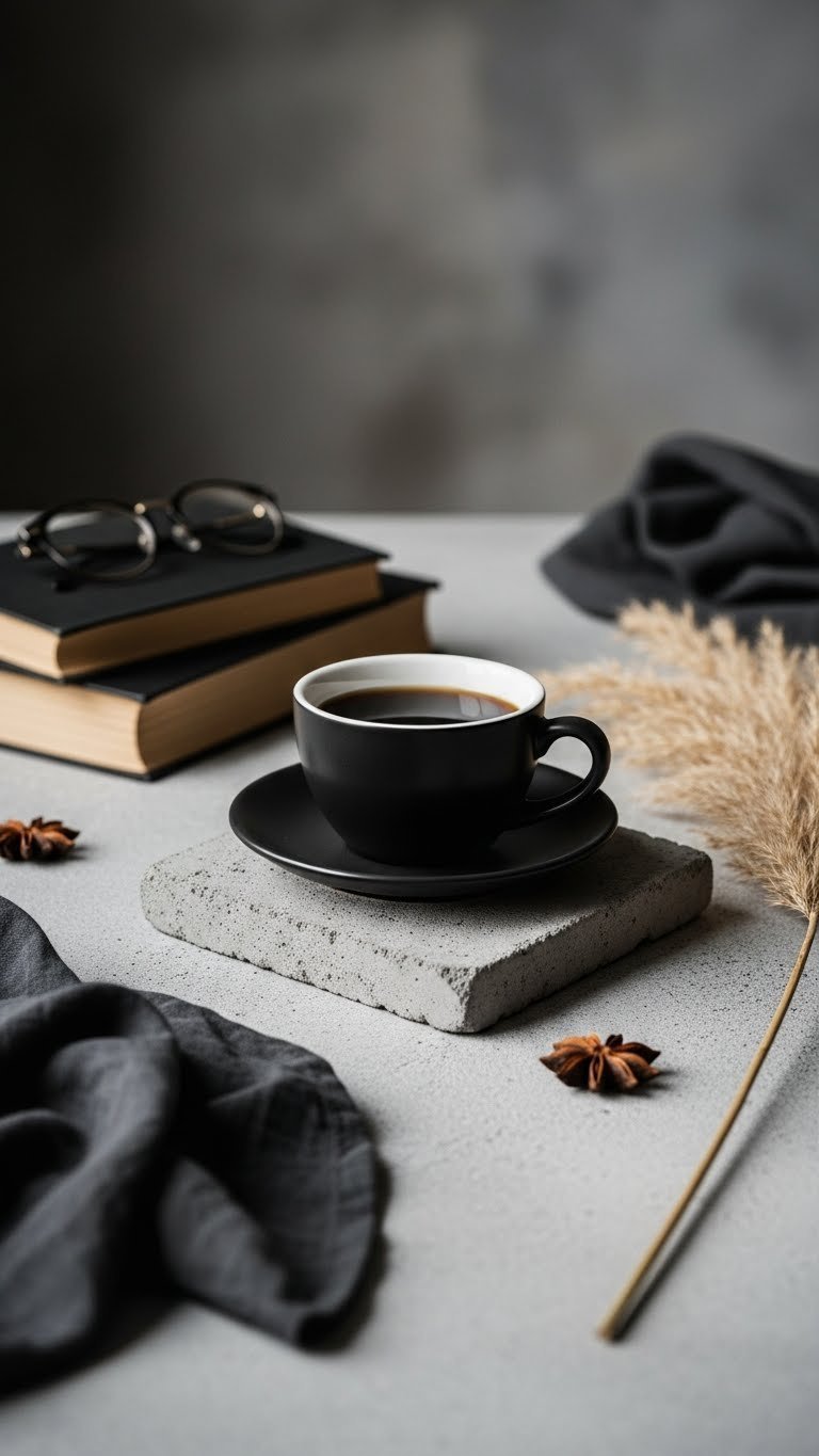 Matte black coffee cup surrounded by vintage books and pampas grass on concrete backdrop