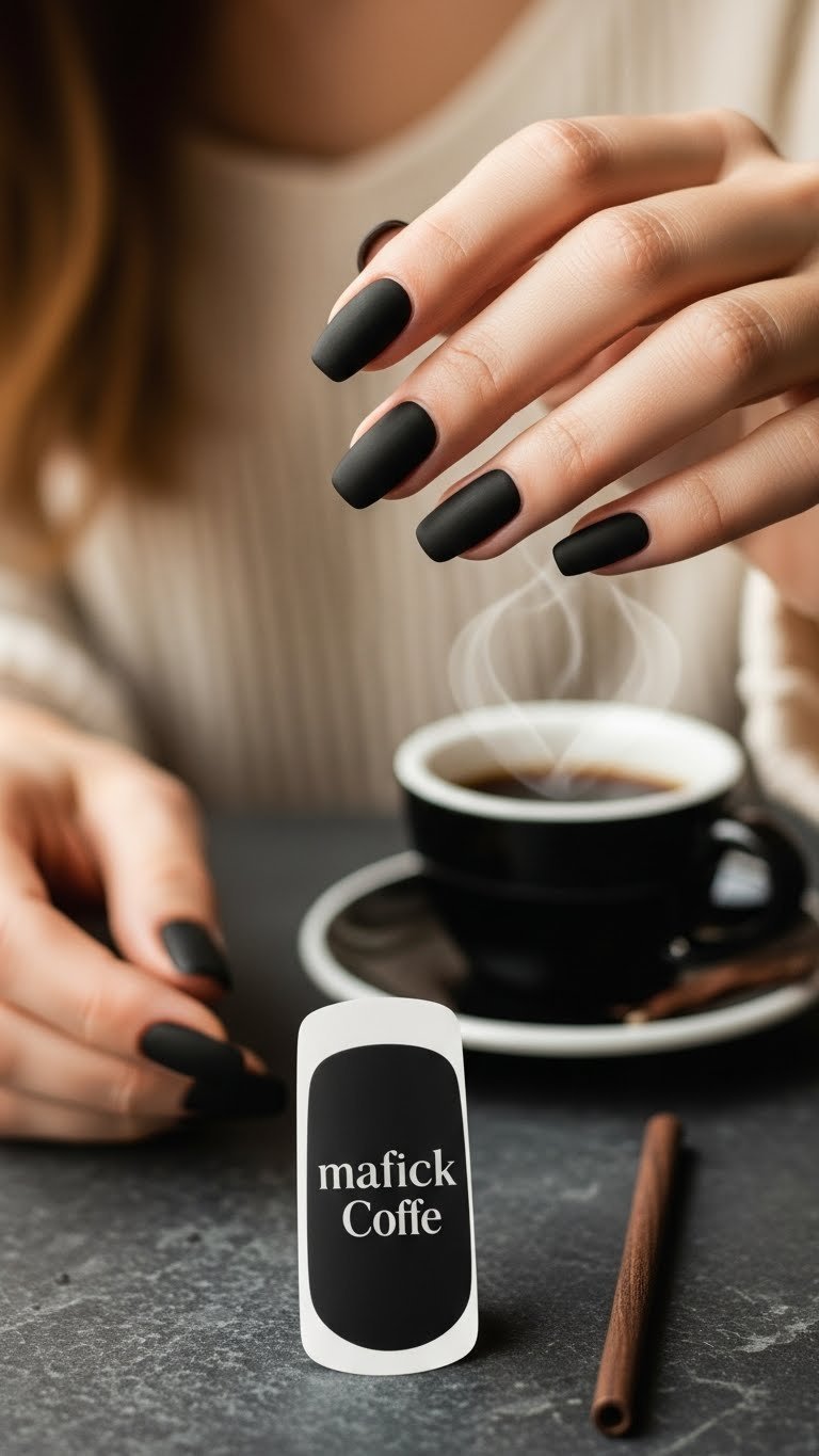 Matte black coffee nails resting on dark stone surface with steaming black coffee cup in cozy café setting