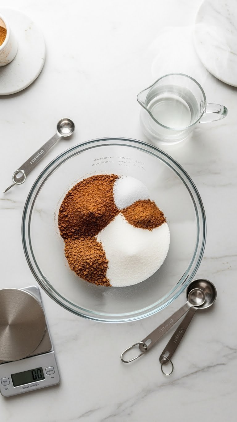 Whipped Coffee Large Batch Recipe for Freezing All Week 1 Measured instant coffee, white sugar, and hot water in a glass bowl on a marble counter for whipping Dalgona coffee.