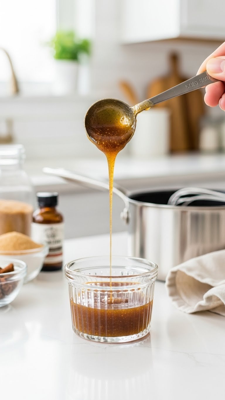 Measuring spoon dripping thick cookie dough coffee syrup into clear glass ramekin on white kitchen counter