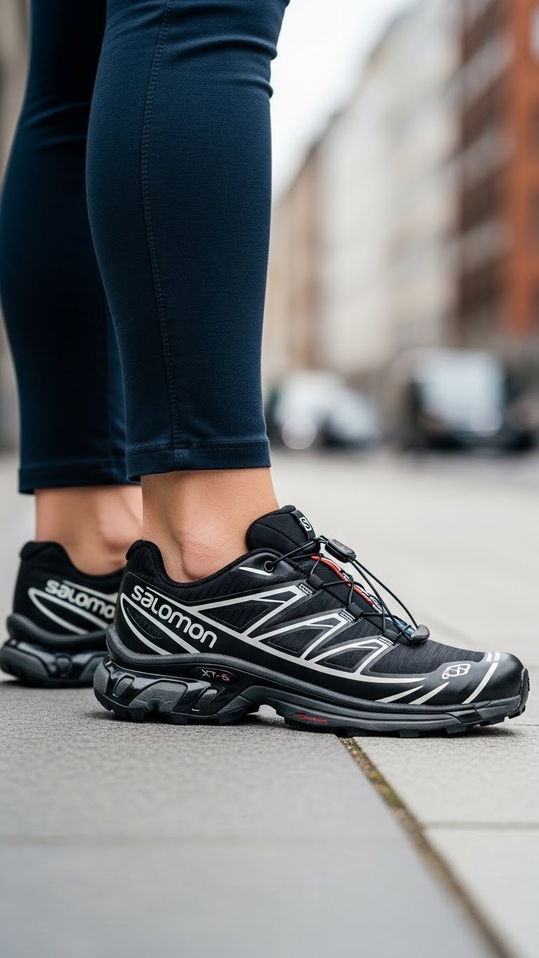 Medium shot of Salomon XT-6 Black Coffee sneakers worn comfortably on foot during urban sidewalk walk in daylight.