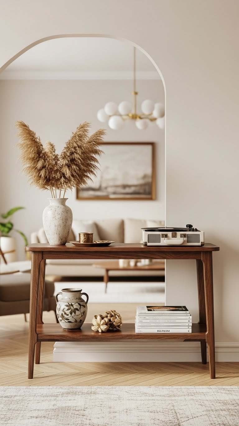 Mid-century modern console table with dark wood finish and antique decor items in elegant living room