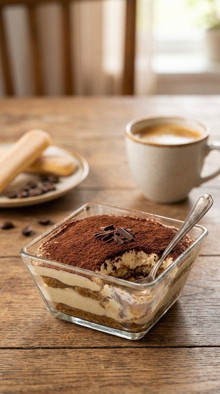 Whipped Coffee Mousse Easy Foolproof Recipe for Beginners 9 Mini tiramisu in square glass dish showing coffee-soaked ladyfingers and creamy mousse layers with cocoa dusting