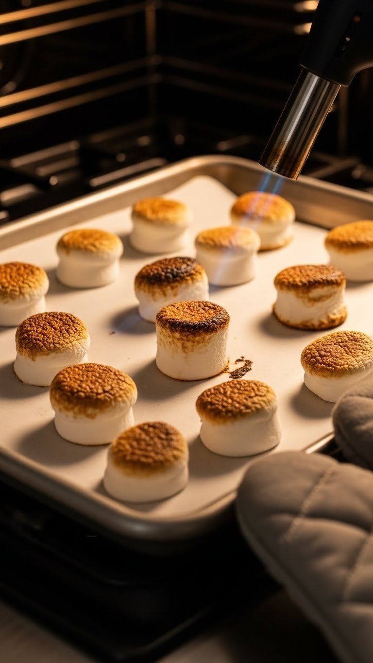 Miniature marshmallows toasting golden brown on baking sheet under broiler with culinary torch nearby