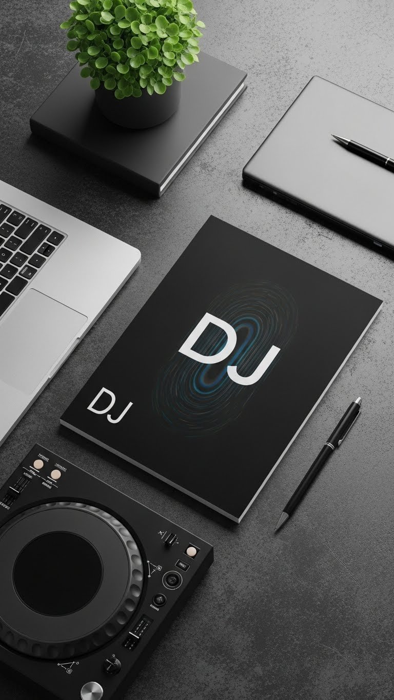 Minimalist DJ brand identity flat lay featuring dark color palette and abstract graphic elements