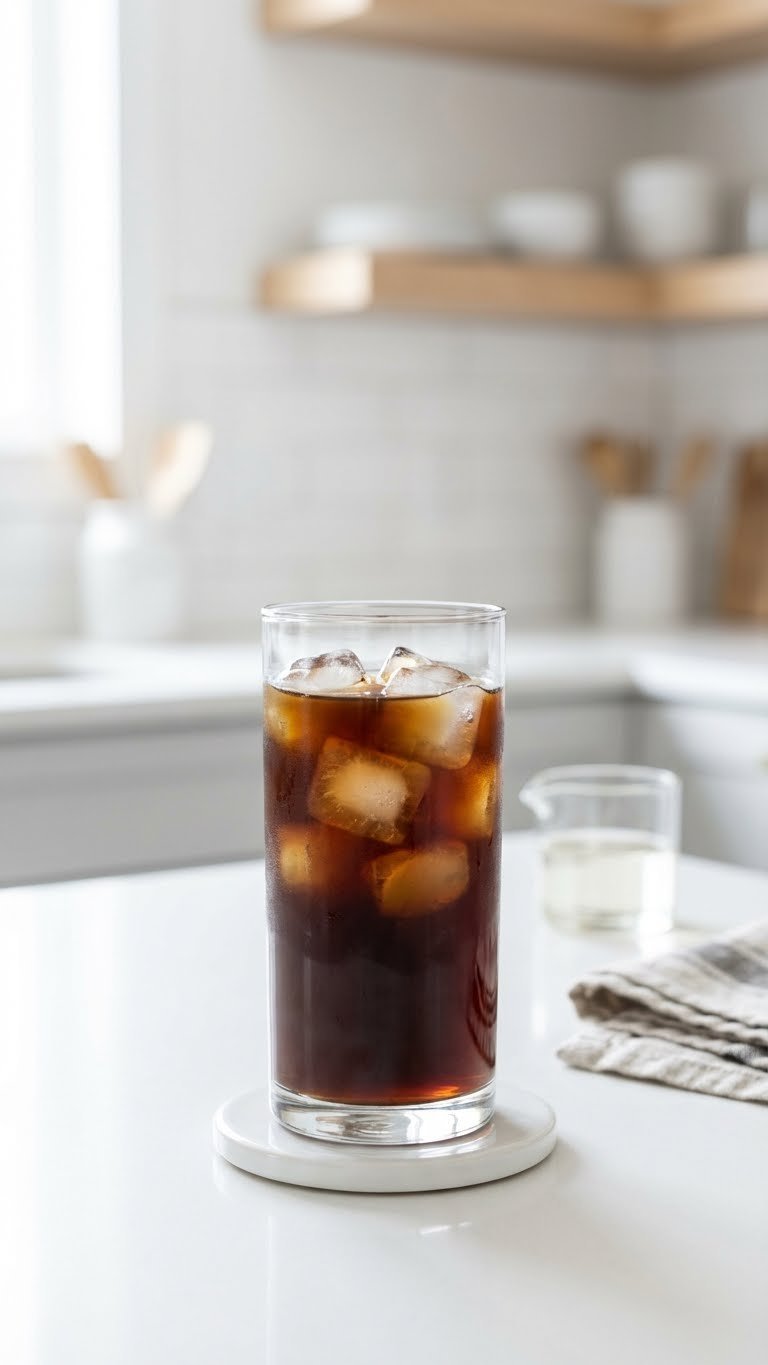 Minimalist Iced Weight Loss Booster protein coffee in a clear glass with ice, clean, on a white coaster.