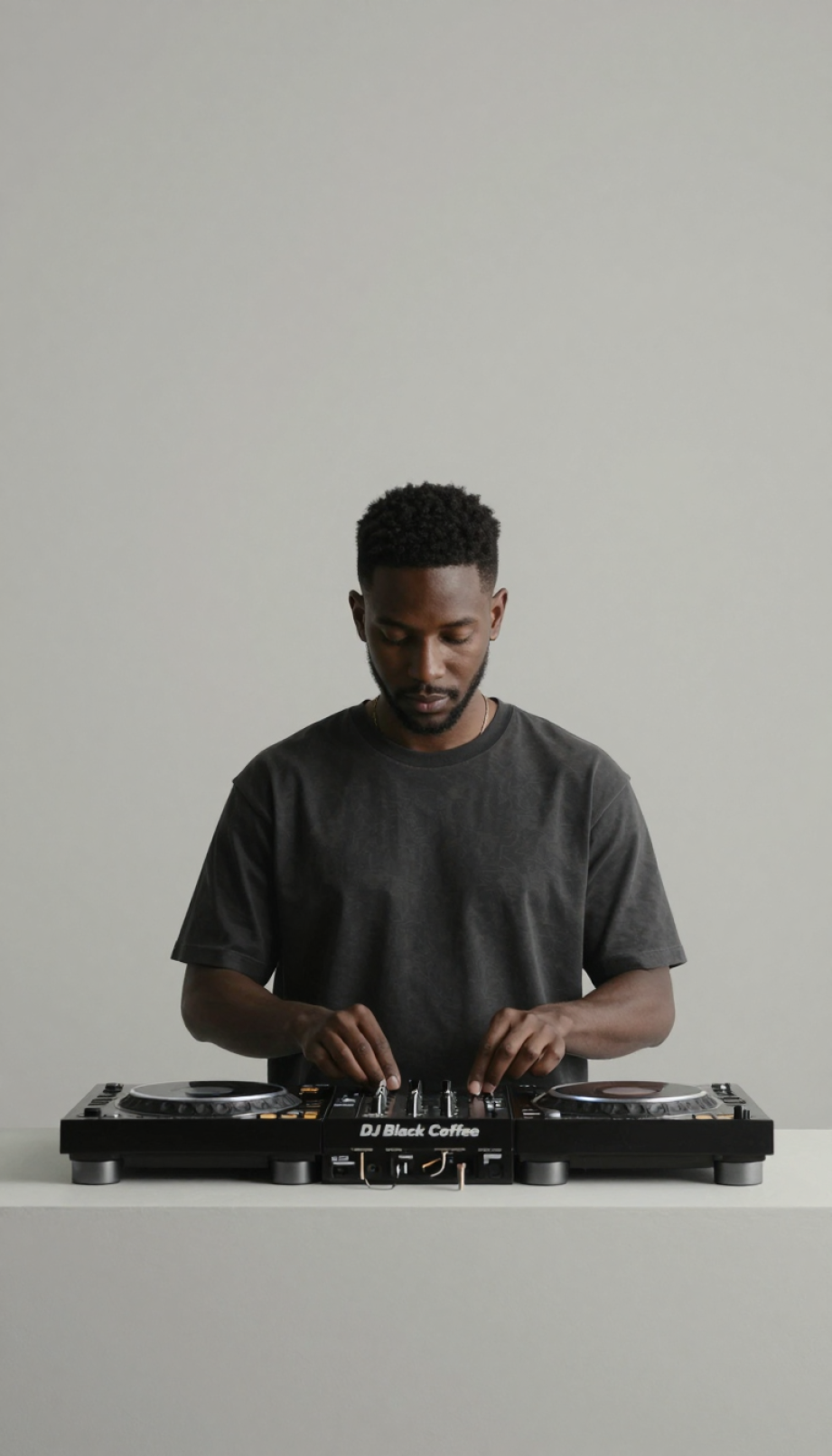 Minimalist abstract interpretation of DJ Black Coffee with geometric shapes and monochromatic gray palette